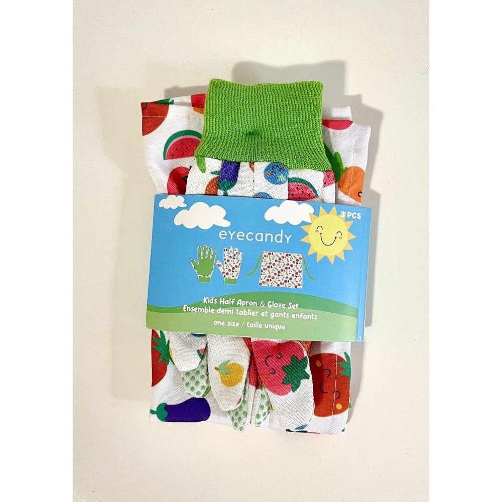 Eyecandy Kids Gardening Half Apron & Glove Set ~ Happy Fruits and Vegetables